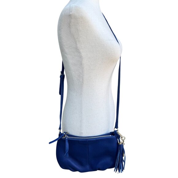 Isaac Mizrahi Crossbody Genuine Leather Bag Blue Tassel Adjustable Strap New - Picture 6 of 13